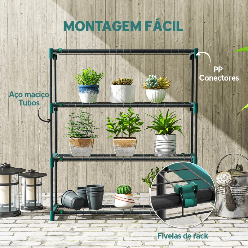 Outsunny Conjunto de 2 Suportes para Plantas de 4 Níveis Interior e Exterior Prateleiras Metálicas com Conectores Montagem Fácil Verde