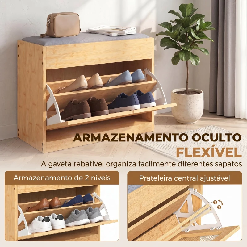 HOMCOM Banco Sapateira de Entrada com Assento Acolchoado Gaveta Basculante Porta de Vime 63x29x48 cm Madeira e Cinzento