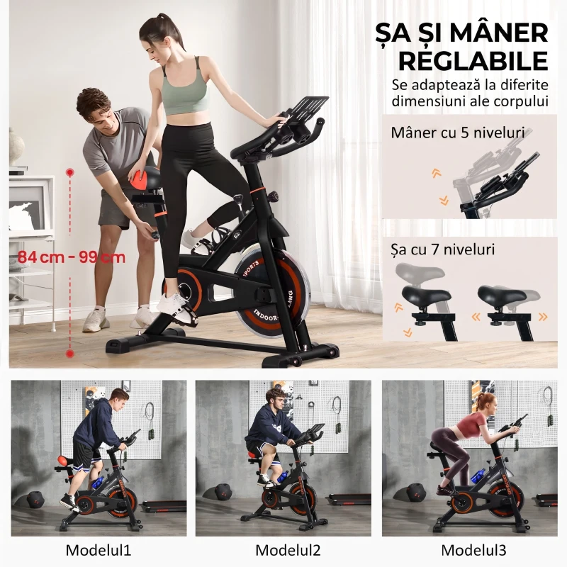 HOMCOM Bicicletă fitness pentru acasă cu volant de 8 kg și ecran LCD, din oțel și ABS, 103x53x100-114 cm, roșu și negru