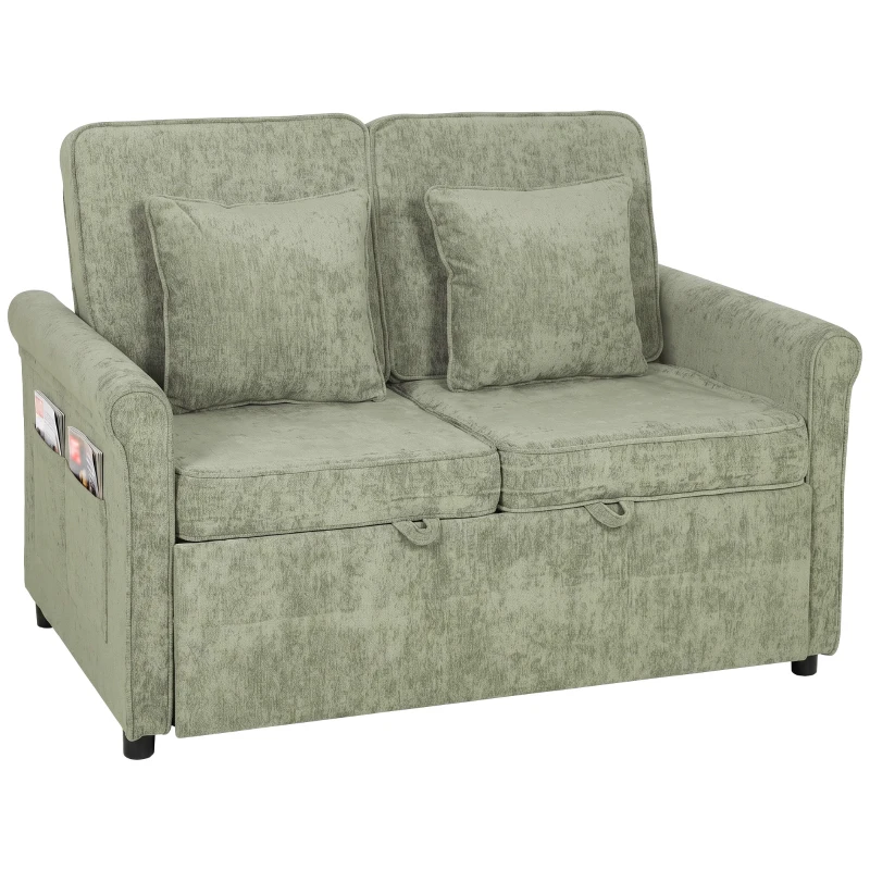 HOMCOM 2 Seater Sofa Bed 3-in-1 Convertible Chenille Pull Out Sleeper Sofa with 5-Position Adjustable Backrest, Light Green