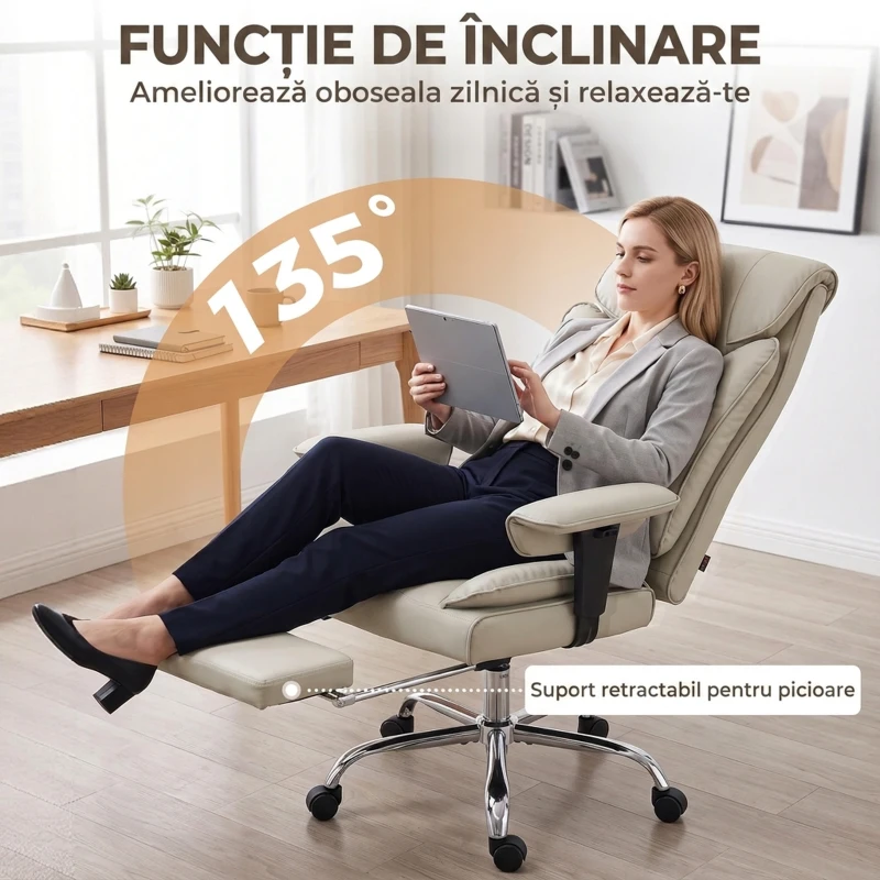 HOMCOM Scaun de Birou Rotativ Rabatabil 135°, Piele Ecologică, Suport pentru Picioare, Cotiere și Înălțime Reglabile, Gri Deschis