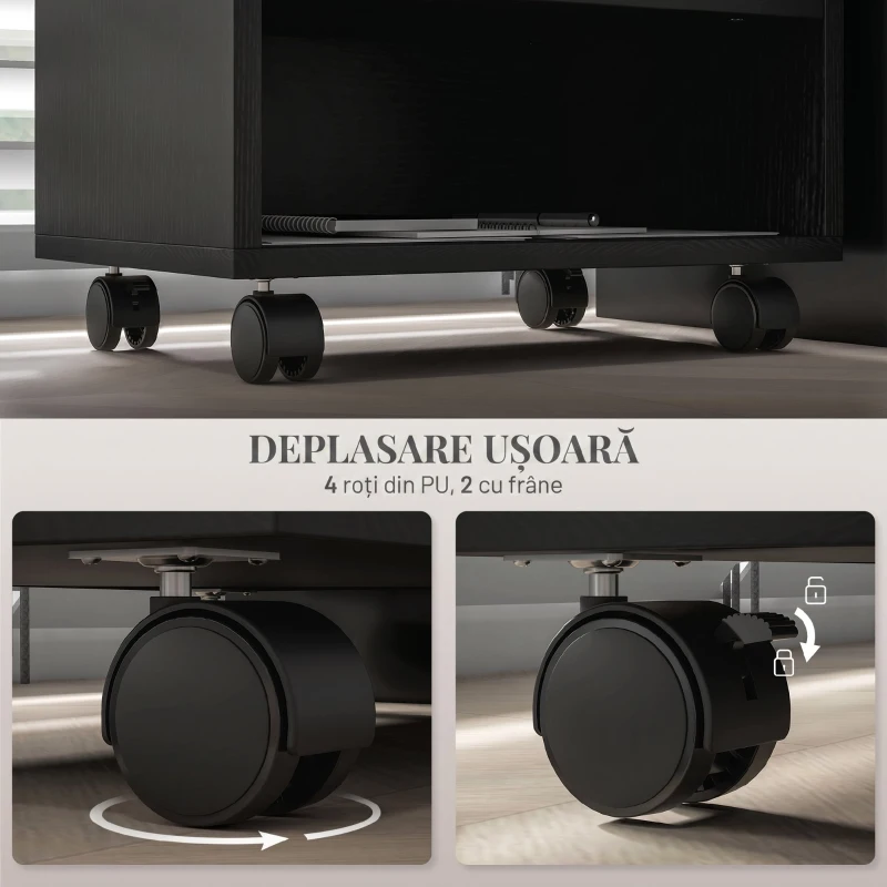 HOMCOM Dulap Mobil pentru Imprimantă pe 2 Niveluri cu 3 Compartimente și Roți pentru Birou și Studiu, 40x30x36cm, Negru