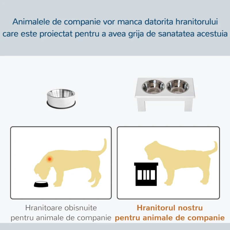 PawHut Boluri Ridicate pentru Câini Mici și Medii, Suport din MDF cu 2 Boluri din Oțel, Alb