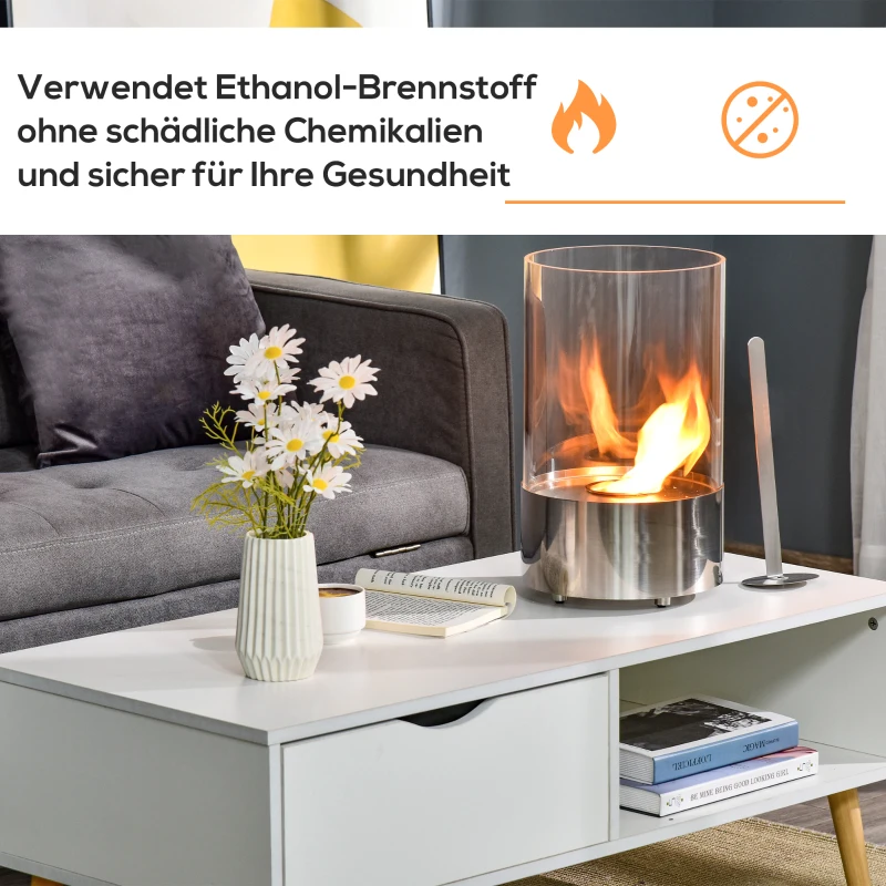 HOMCOM Biokamin Ethanol Kamin Bio Ethanol Brenner 0,4L Brenndauer kein Rauch mit Feuerlöschhaken Edelstahl gehärtetes Glas Silber 23 x 23 x 39 cm