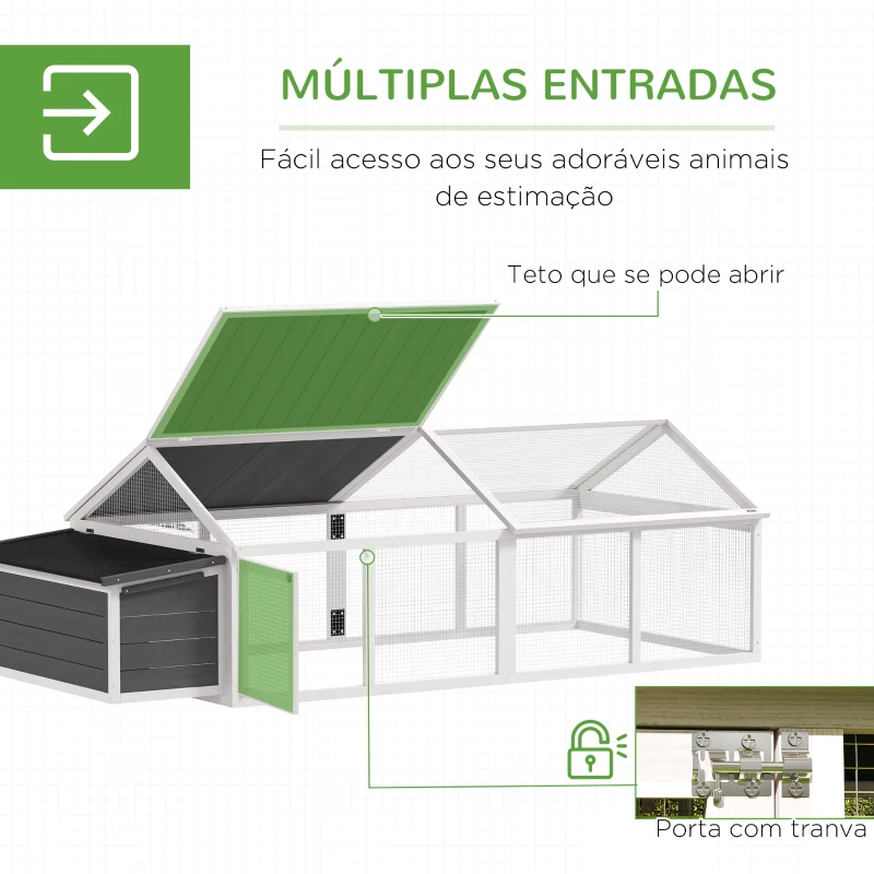 PawHut Galinheiro de Madeira para 4-8 Galinhas com Teto Abatível Portas com Fechadura e Caixa Ninho 240x112,5x76 cm Branco