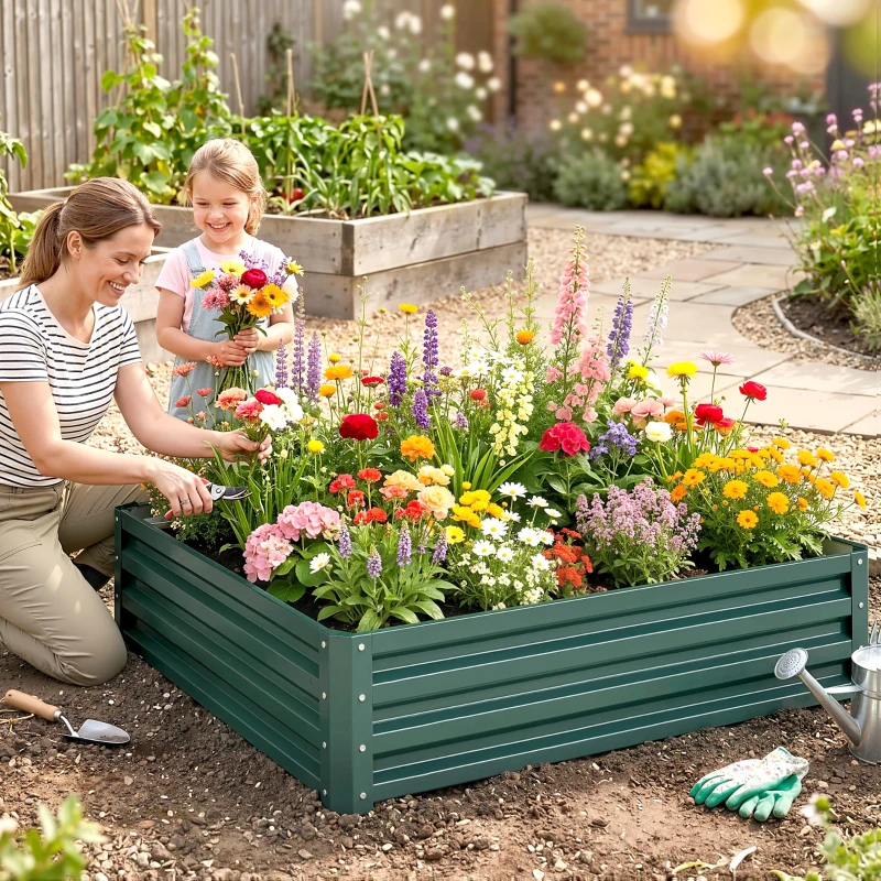 Outsunny Caixa de Cultivo de Exterior Grande e Retangular de Aço Galvanizado para Cultivar  com Base Aberta 120x120x30 cm Verde