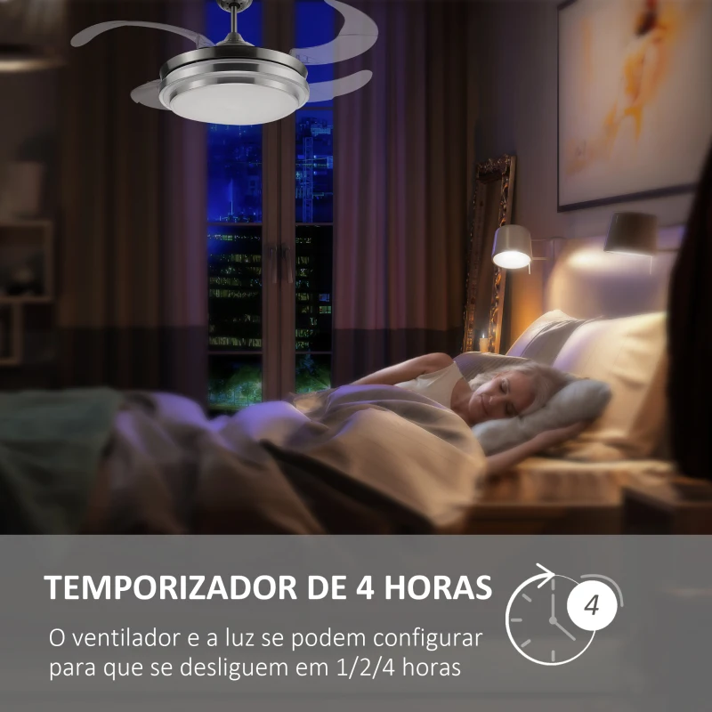 HOMCOM Ventoinha de Teto 51W com Luz LED 30W Ajustável 3000/4000/6000K Controle Remoto 3 Velocidades Temporizador 4 Lâminas para Dormitório Sala de Estar Ø106x43 cm Prata