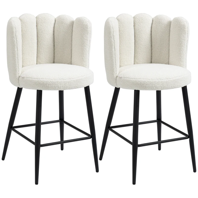 HOMCOM Lot de 2 chaises hautes tabourets de bar avec repose-pieds acier tissu effet laine bouclée hauteur 65 cm crème noir