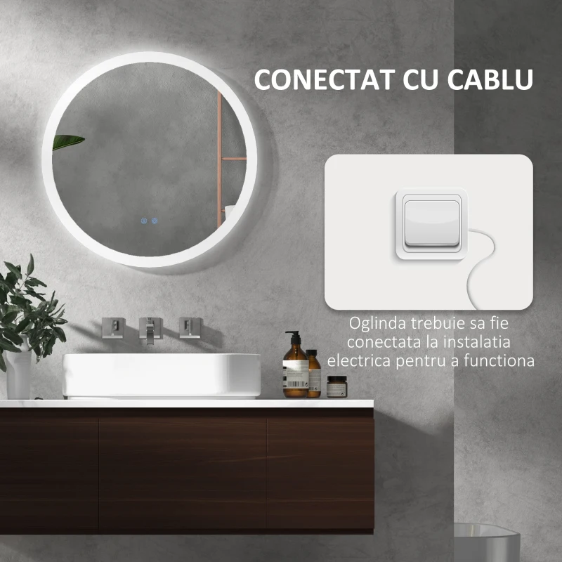 kleankin Oglindă pentru Baie cu LED-uri Reglabile, Control Touch și Design Antiaburire, Ø60 cm