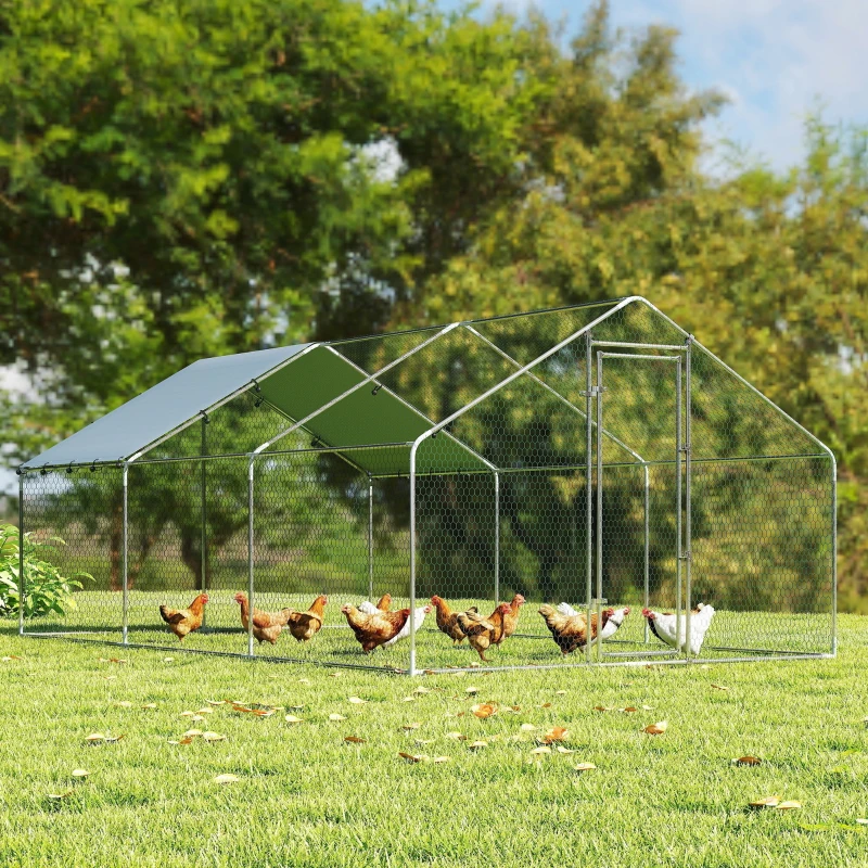 PawHut Galinheiro Grande para Exterior de Aço Galvanizado 5,1x3x1,9 m 15,3 m² com Cobertura de Tecido Oxford e Fecho Prata