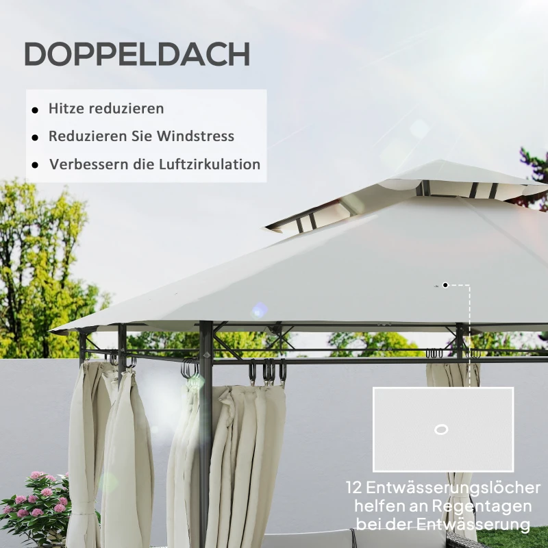 Outsunny Gartenpavillon Doppeldach, 6 Seitenteile, Wasserabweisend, Für Garten Terrasse, 4x3 m, Cremeweiß