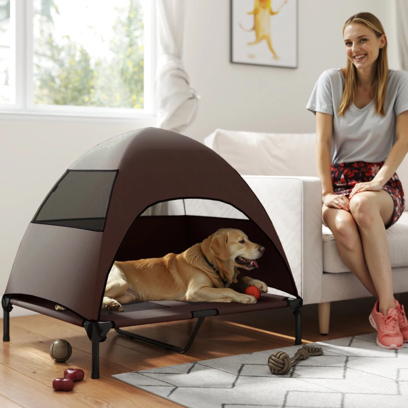 PawHut Hundeliege Outdoor mit Dach, Erhöhtes Hundebett für Große Hunde, 91 x 76 x 90 cm, Kaffee