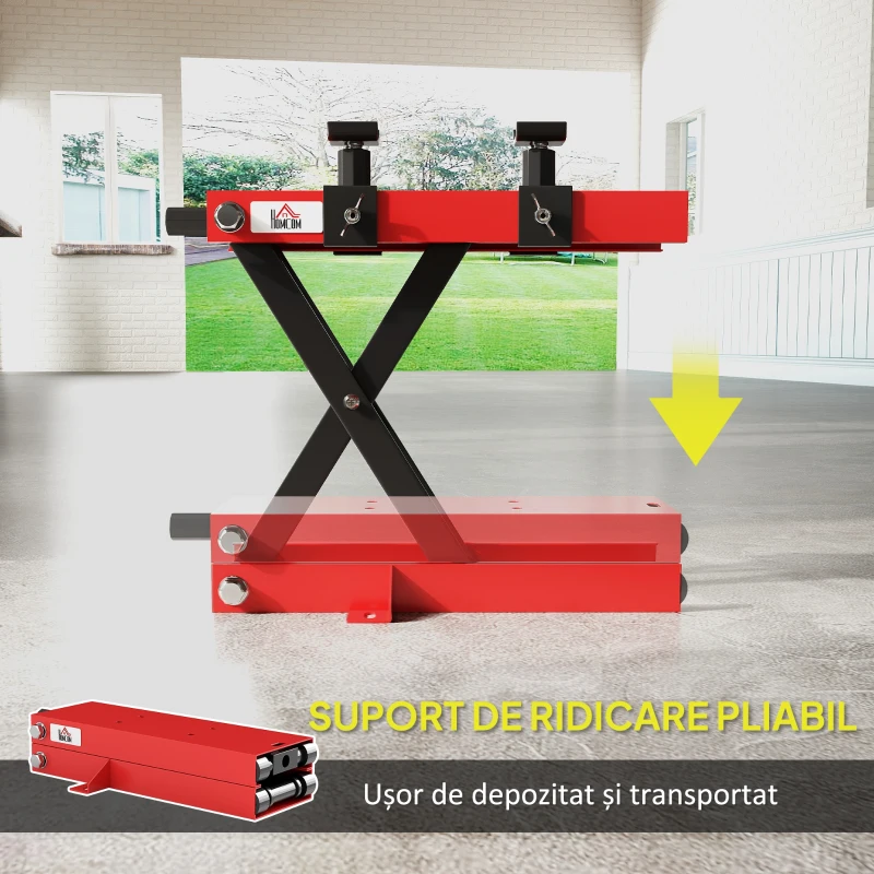 HOMCOM Cric moto din oțel, capacitate 500 kg, pliabil cu înălțime reglabilă și manivelă, roșu