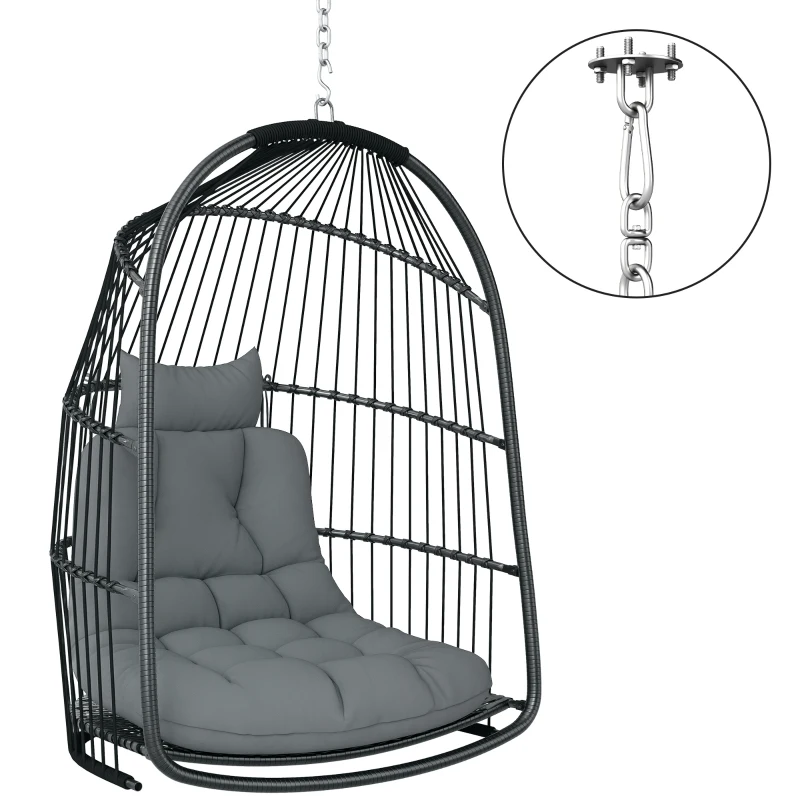 Outsunny Hängesessel Hängekorb mit Kissen Polyrattan Schaukel Outdoor Indoor faltbar belastbar bis 150kg Dunkelgrau
