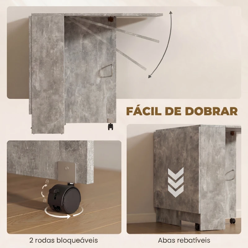 HOMCOM Mesa de Sala de Jantar Dobrável com 2 Prateleiras de Armazenamento e Rodas para Cozinha 75x140x74 cm Cinza
