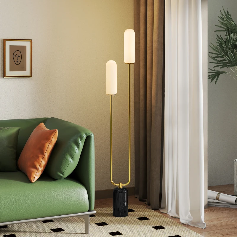 HOMCOM Lampadar în formă de U cu 2 Lumini și Întrerupător de Picior, Lampă de Podea din Sticlă și Oțel cu Bază de Marmură, 26x12x150 cm, Alb Negru și Auriu
