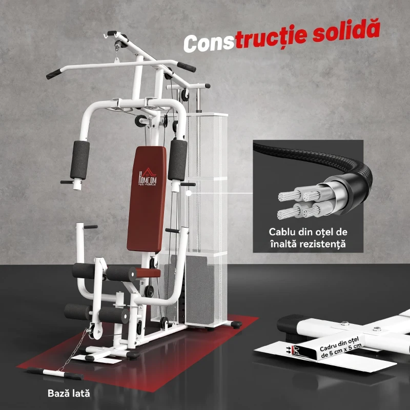 HOMCOM Stație de Fitness Multifuncțională pentru Acasă și Sală, cu 4 Perne din Oțel și PU, 150x110x210 cm, Alb