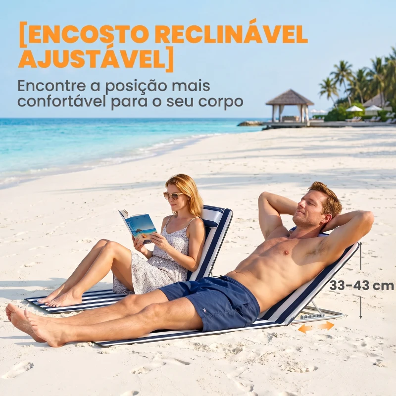Outsunny Conjunto de 2 Esteiras com Encosto Reclinável, Apoio de Cabeça e Bolsa de Transporte 134x48x33-43 cm Brancas e Azuis