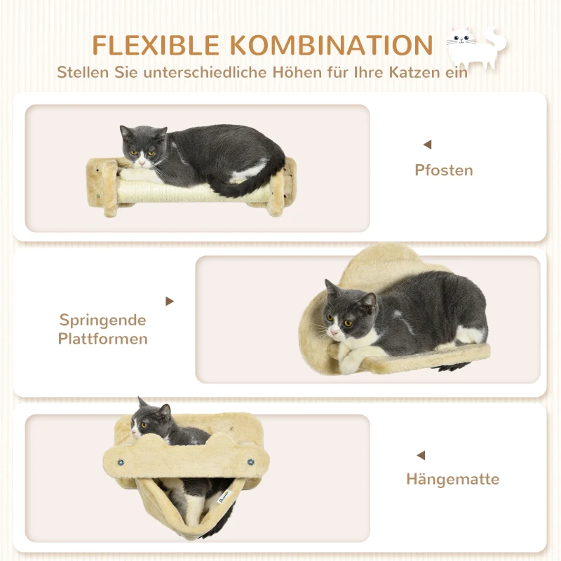 PawHut Katzentreppe, 5-teiliges Set, 2 Kratzstämme, 2 Plattformen mit Plüschbezug, Hängematte, beige