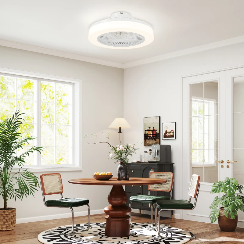 HOMCOM Ventoinha de Teto com Luz LED 40 W Motor DC Revertível Controlo Remoto 6 Velocidades Temporizador Ø46x16 cm Branco