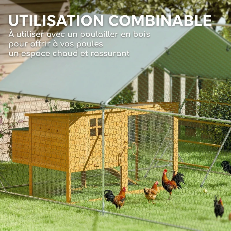 PawHut Enclos poulailler extérieur parc grillagé 12 m² avec perchoir et mangeoire acier galvanisé Ø25mm 300x400x195cm argent