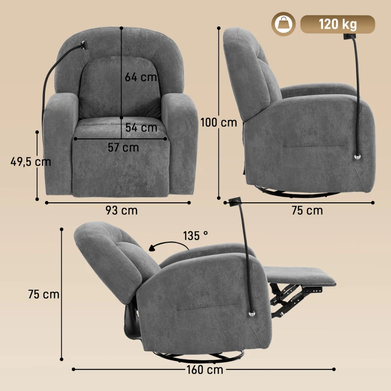 HOMCOM Poltrona Relax Reclinável 3 em 1 com Função de Baloiço Rotação 360° Suporte para Telemóvel Assento Amplo Cinzento