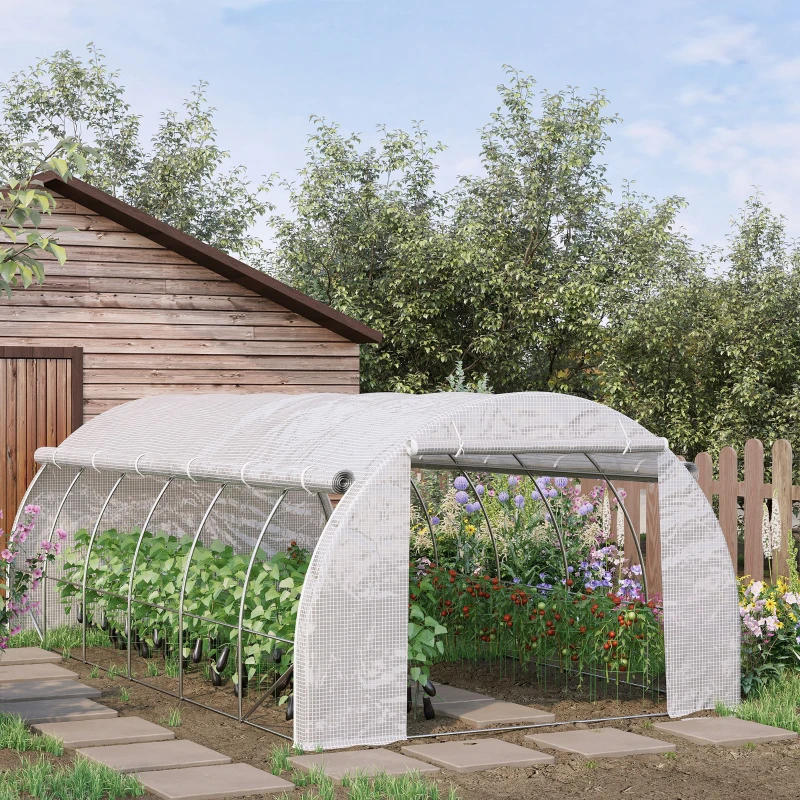 Outsunny Estufa Tipo Túnel de Jardim 6x3x2m com Porta Enrolável 12 Janelas Cobertura de PE 140g/m² e Metal Galvanizado para Cultivos de Plantas Verduras Branco