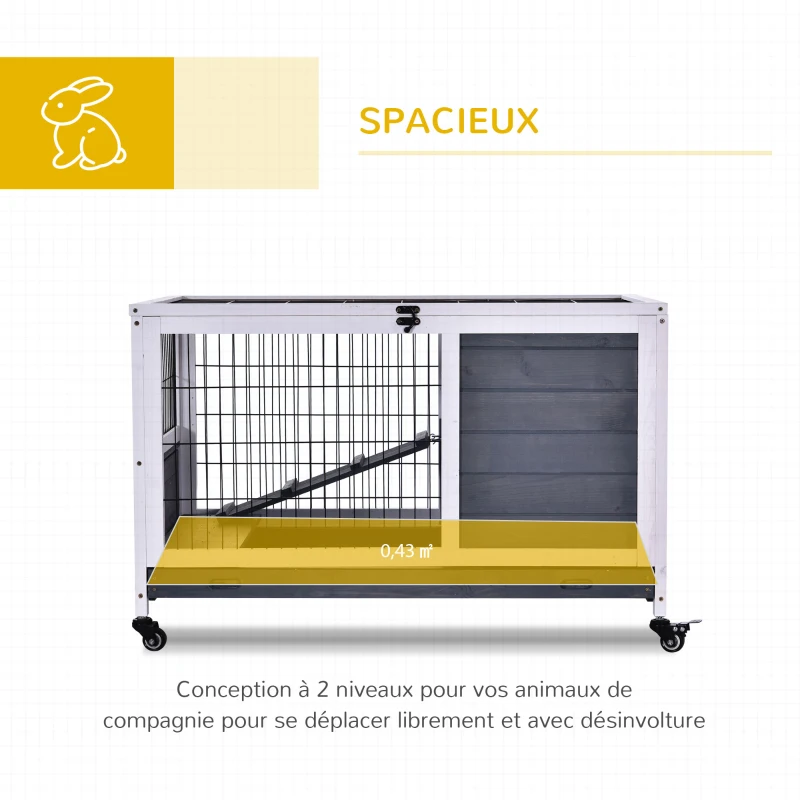 PawHut Clapier lapin intérieur, cage à lapins avec toit ouvrant, roulettes, plateau amovible et rampe, cage en bois, 90 x 53 x 59 cm, gris foncé et blanc
