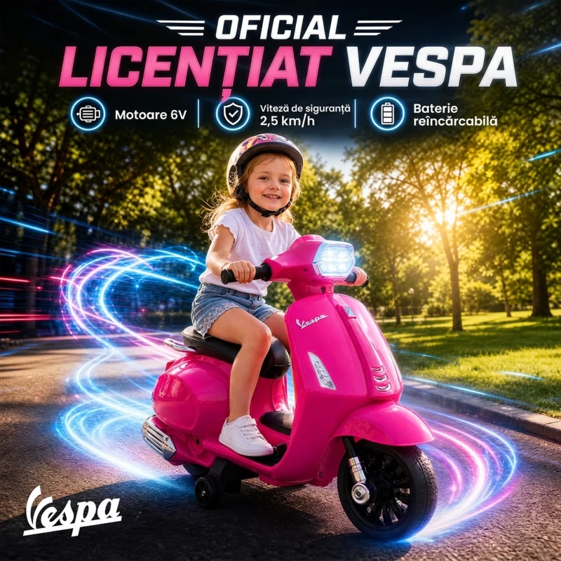 AIYAPLAY Scuter Electric pentru Copii cu Licență Vespa, Baterie Reîncărcabilă 6V, Roți Ajutătoare, 2-4 Ani, Roz