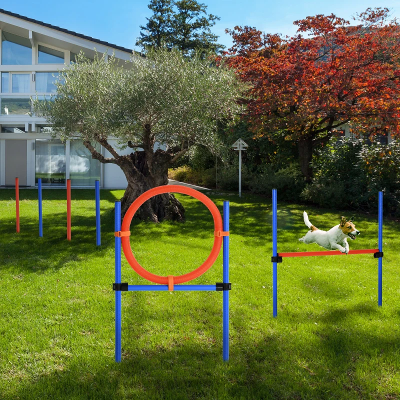 PawHut Agility Set Hunde, 3-teiliges Agility Ausrüstung mit Hürden, Slalomstangen, Springring, Aufbewahrungstasche, Steckhürdenset für Hundetraining, Trainingsset für Hunde Blau+Rot