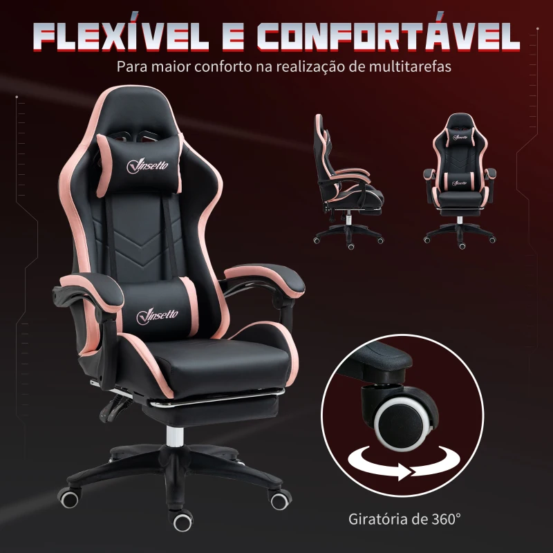 Vinsetto Cadeira Gaming de Couro PU com Altura Ajustável Reclinável 135° e Apoio para os Pés Retrátil 65x65x121-129 cm Preto