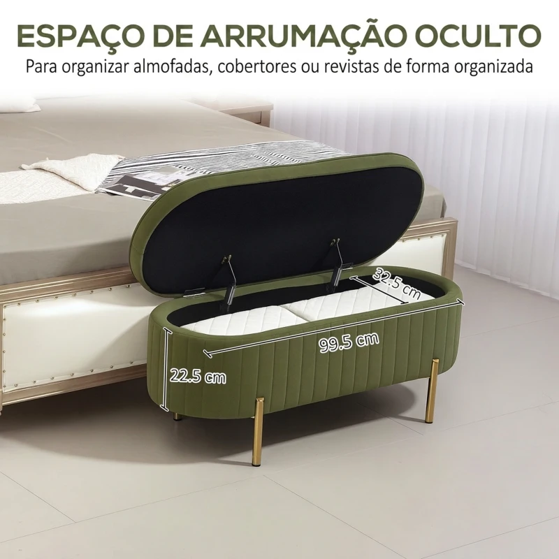 HOMCOM Banco de Cama com Arrumação em Veludo, Pés Dourados e Design Oval Elegante, 108x44x43,5 cm, Verde Escuro
