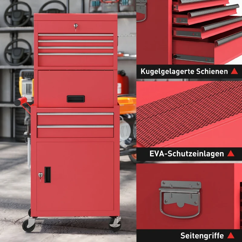 HOMCOM Rollbarer Werkzeugschrank, 6 Schubladen, 2 Schränke, Stahl, verschließbar, Rot