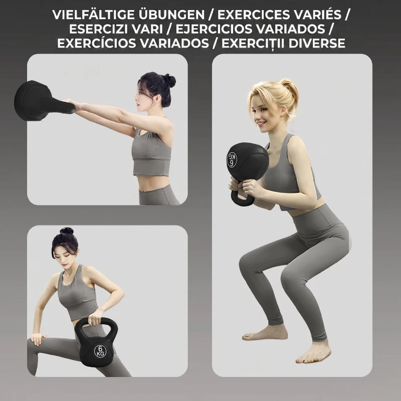 HOMCOM Kettlebell 6kg din plastic și nisip cu bază plată și mâner, 20x13x22 cm, negru