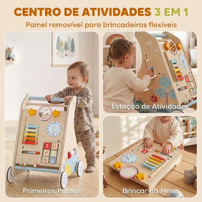 AIYAPLAY Andarilho de Madeira para Bebé 3 em 1 com Brinquedos Montessori, Painel Amovível de Dupla Face, Arrumação e Rodas, 1-3 Anos, Natural