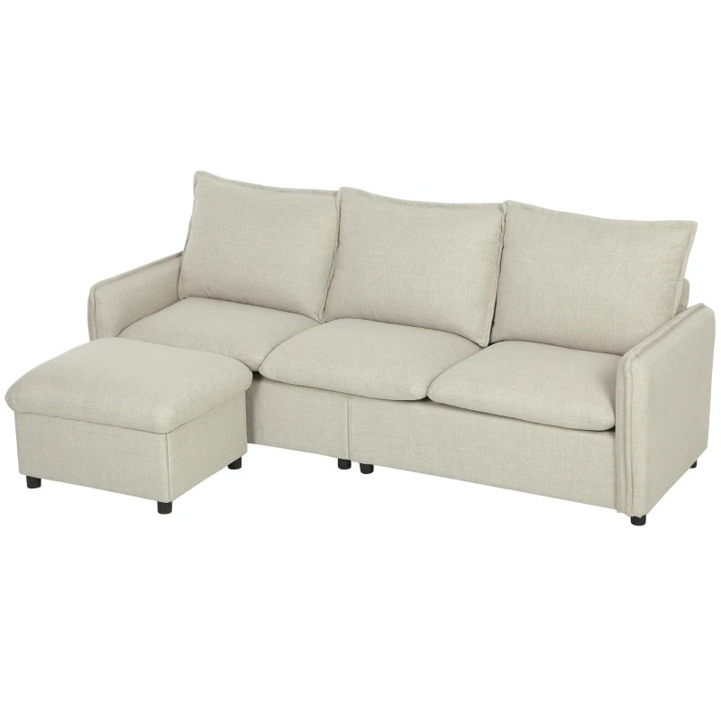 HOMCOM Canapé 3 places avec pouf de rangement, canapé d'angle modulable 212 cm, coussins à ressorts, tissu en lin, crème