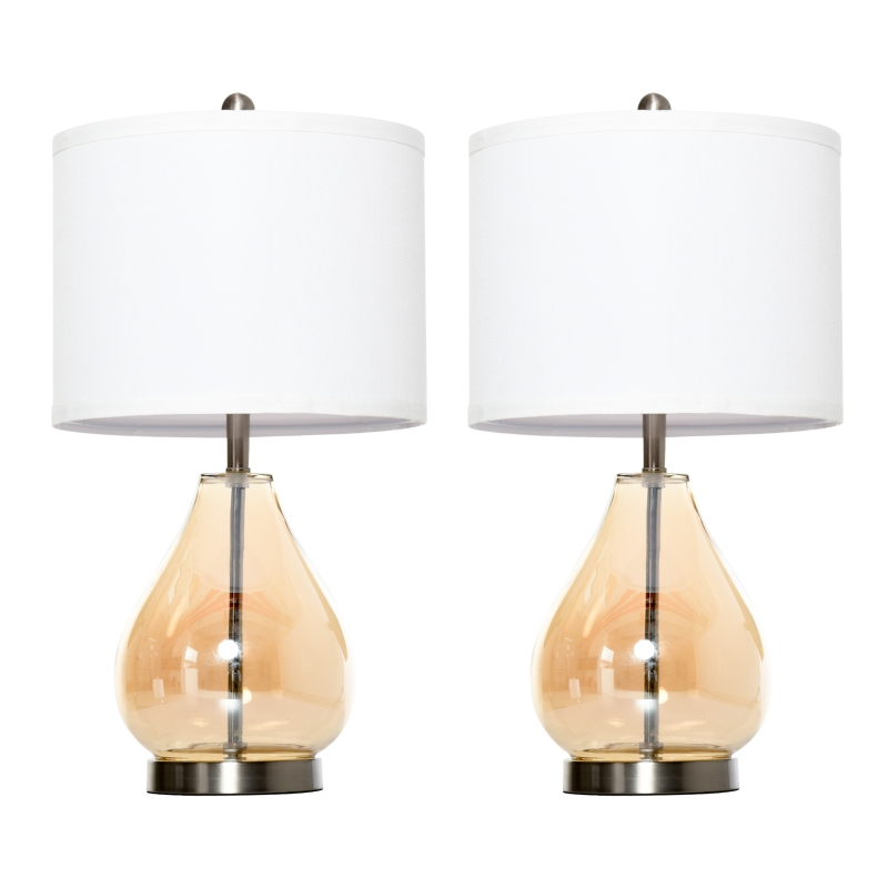 HOMCOM Tischlampe 2er-Set Tischleuchte mit Leinen-Lampenschirm, Glas tropfenförmigen Stangen, Nachttischlampe mit E27-Fassung, für Schlafzimmer, Wohnzimmer, Weiß