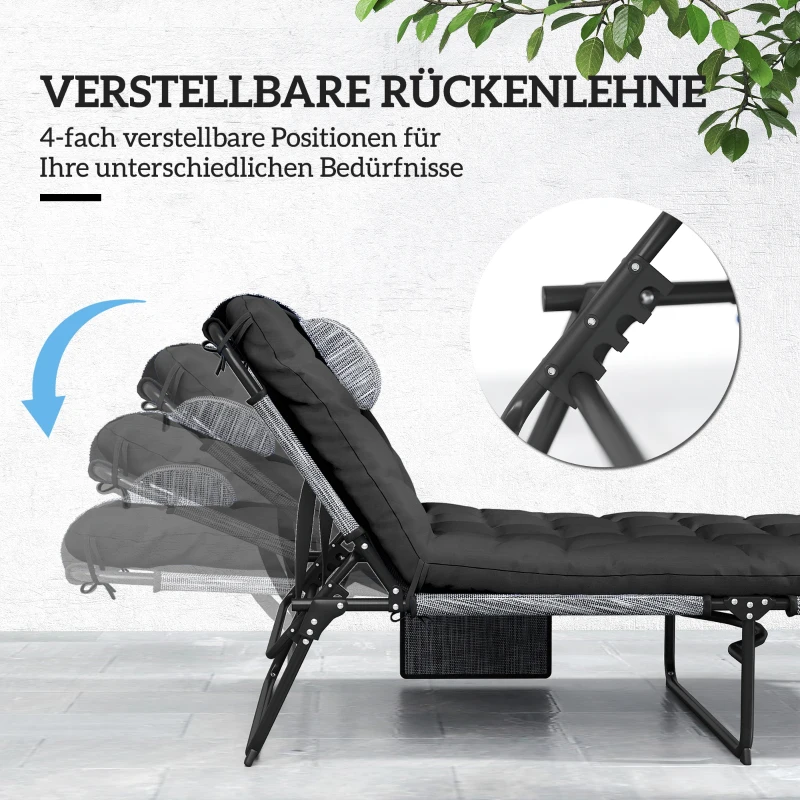 Outsunny Sonnenliege klappbar Gartenliege mit Kopfkissen, Liegestuhl mit 4-Fach verstellbare Rückenlehne Seitentasche Schwarz