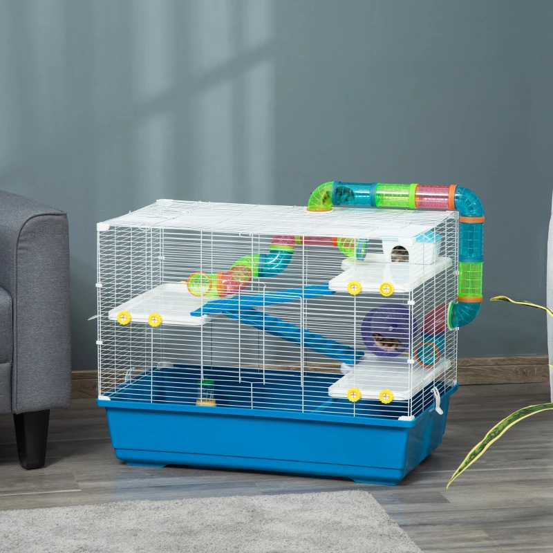 PawHut Gabbia Criceti a 4 Livelli con Ruota, Casetta e Tubi, in Acciaio, PP e PS, 79x46x60 cm, Blu e Bianco