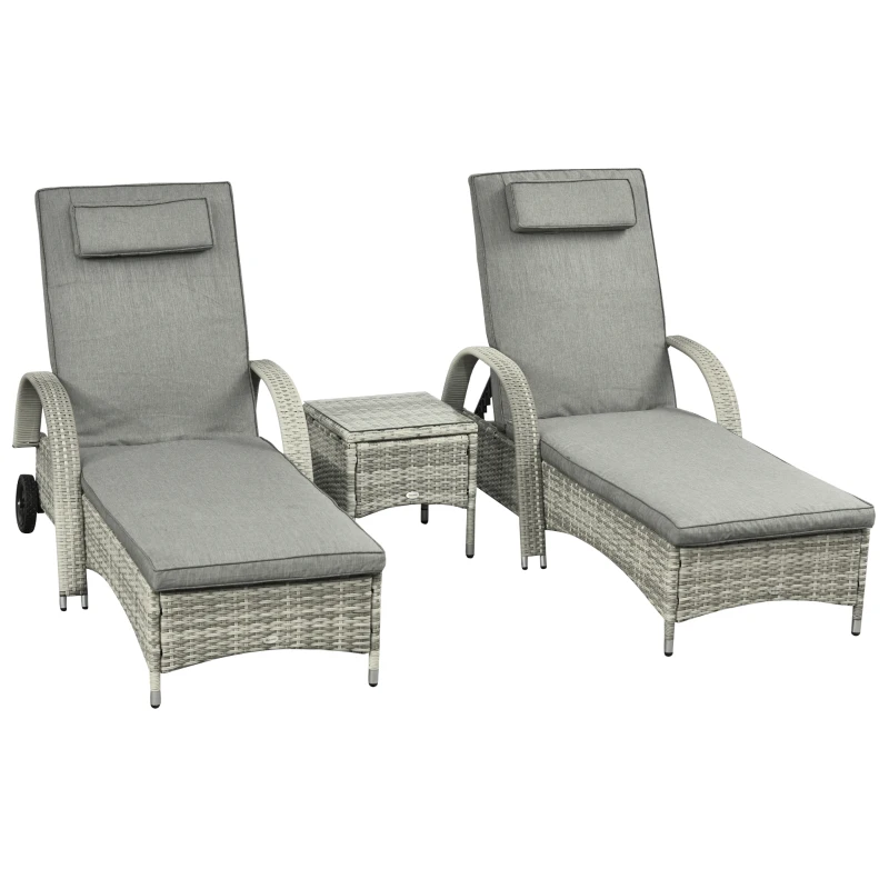 Outsunny Sonnenliege 3er-Set verstellbar Gartenliege Set mit Tisch Gartenmöbel aus Polyrattan Grau