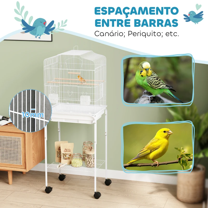 PawHut Gaiola para Pássaros com Rodas Prateleira Portas 2 Comedouros 2 Poleiros Baloiço Bandeja Removível 46,5x36x124 cm Branco