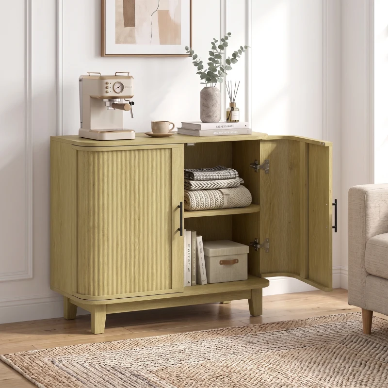 HOMCOM 80cm Sideboard Buffet Cabinet, Storage Cabinet with 2 Curved Doors, Adjustable Shelf and Legs for Dining Room, Oak