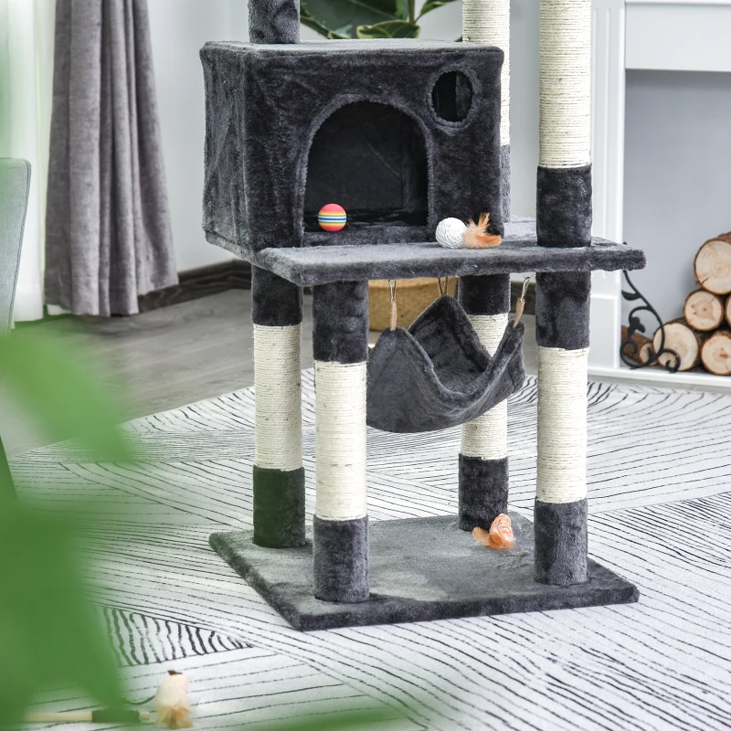 PawHut Arbre à chats multi-équipements griffoirs grattoirs plateformes niche hamac panier corde jouet suspendu dim. 50L x 50l x 156H cm gris foncé