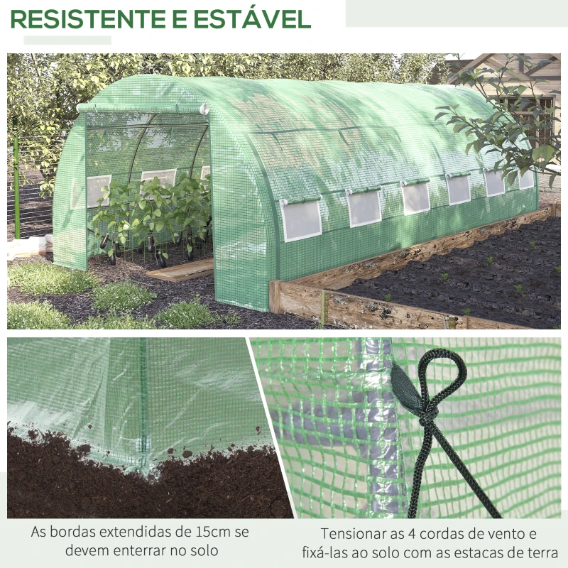Outsunny Estufa de Túnel de Jardim 597x300x200 cm com Porta Lateriais e Janelas Enroláveis Cobertura de PE 140g/m² e Metal Galvanizado Verde