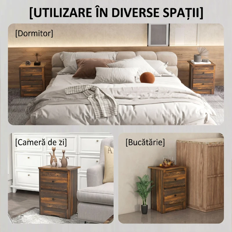 HOMCOM Noptieră cu 2 sertare în stil rustic din lemn, 40x30x56 cm, maro