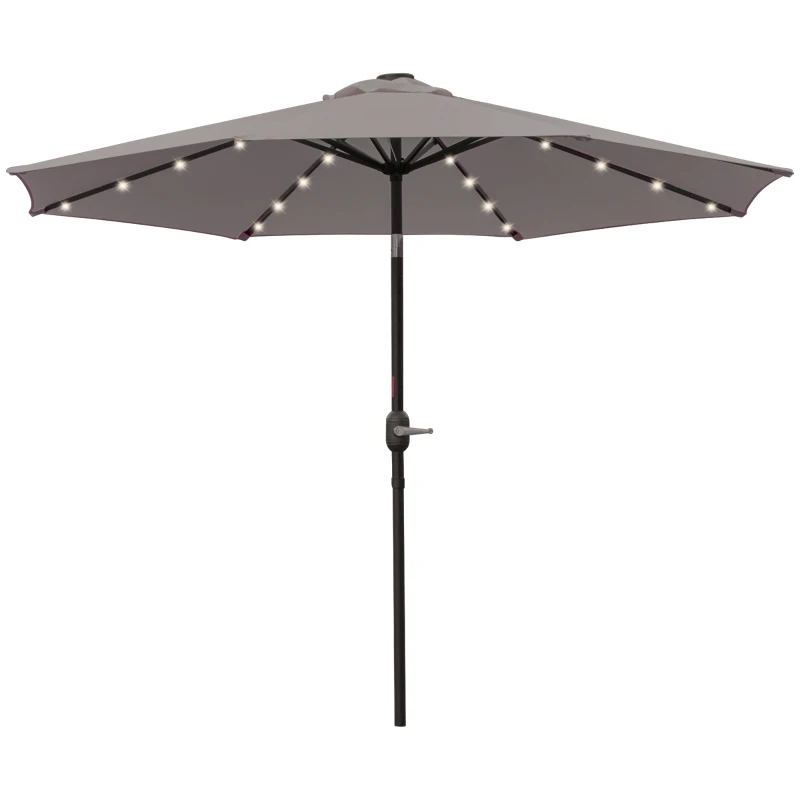 Outsunny Umbrelă de Grădină Reglabilă Ø265 cm cu 32 Lumini LED Solare și Manivelă, Umbrelă de Exterior cu 8 Bare de Sprijin, din Oțel, Poliester, pentru Terasă, Curte, Balcon, Gri