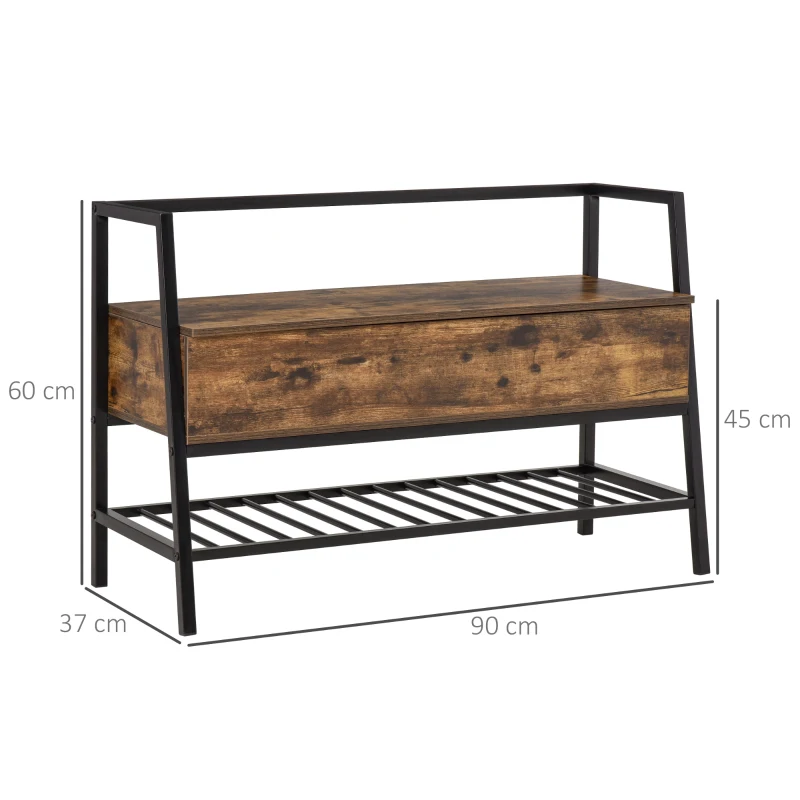 HOMCOM Schuhbank Sitzbank Sitztruhe mit 2 Ablagen Eingangsbereich großer Lagerraum Industriedesign Spanplatte Metall Rustikales Braun+Schwarz 90 x 37 x 60 cm
