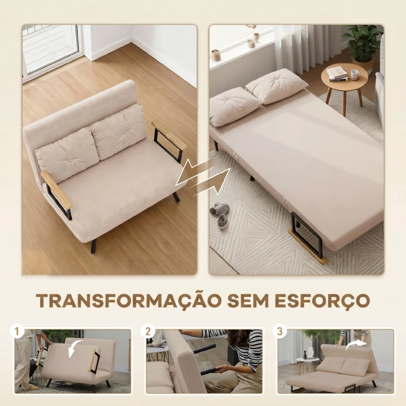 HOMCOM Sofá Cama Convertível 2 Lugares Dobrável com Encosto Ajustável em 5 Níveis e 2 Almofadas 102x73x81 cm Bege Claro