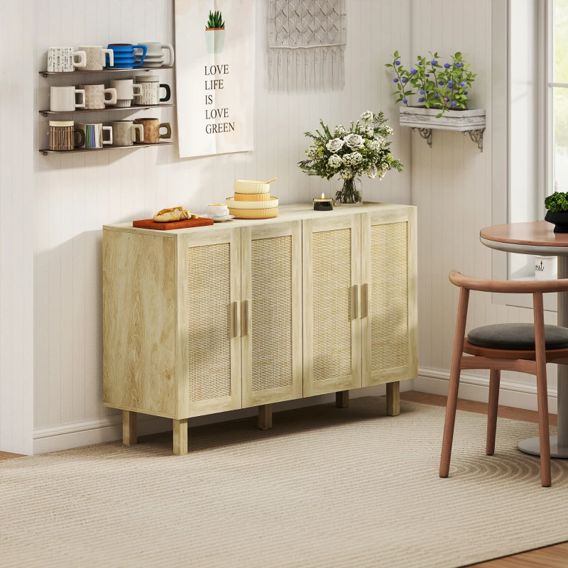 HOMCOM Aparador de Sala de Estar com 4 Portas com Rede em Vime e Prateleiras Ajustáveis Aparador para Cozinha 120x39,5x76 cm Madeira
