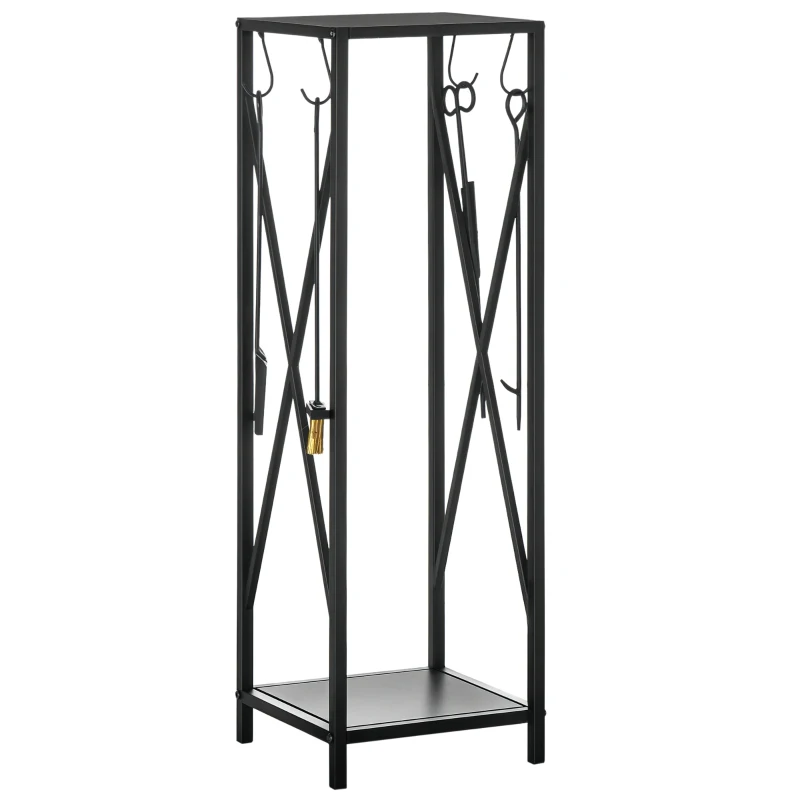 Outsunny Platzsparender Metall-Kaminholzhalter für innen und außen mit Schaufel, Bürste, Schürhaken und Zange, 34x34x111cm, Schwarz